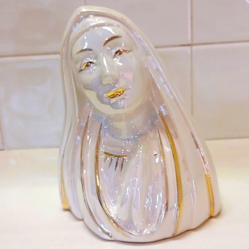 Antique Vintage Golden Ceramic Maddona Vase